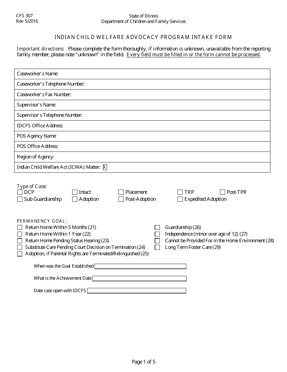 Form CFS307 Indian Child Welfare Advocacy Program Intake Form - Illinois, Page 1