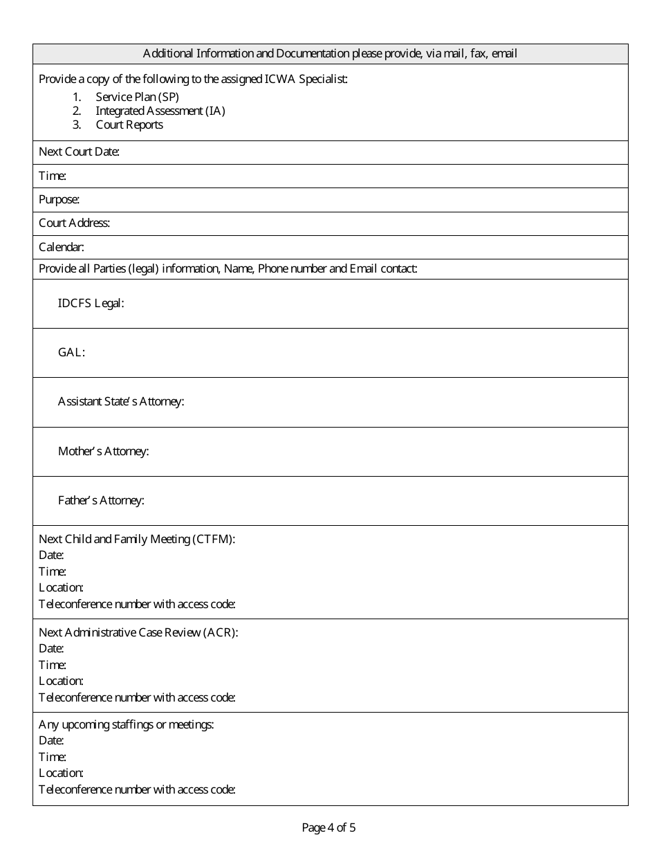 Form CFS307 Indian Child Welfare Advocacy Program Intake Form - Illinois, Page 4