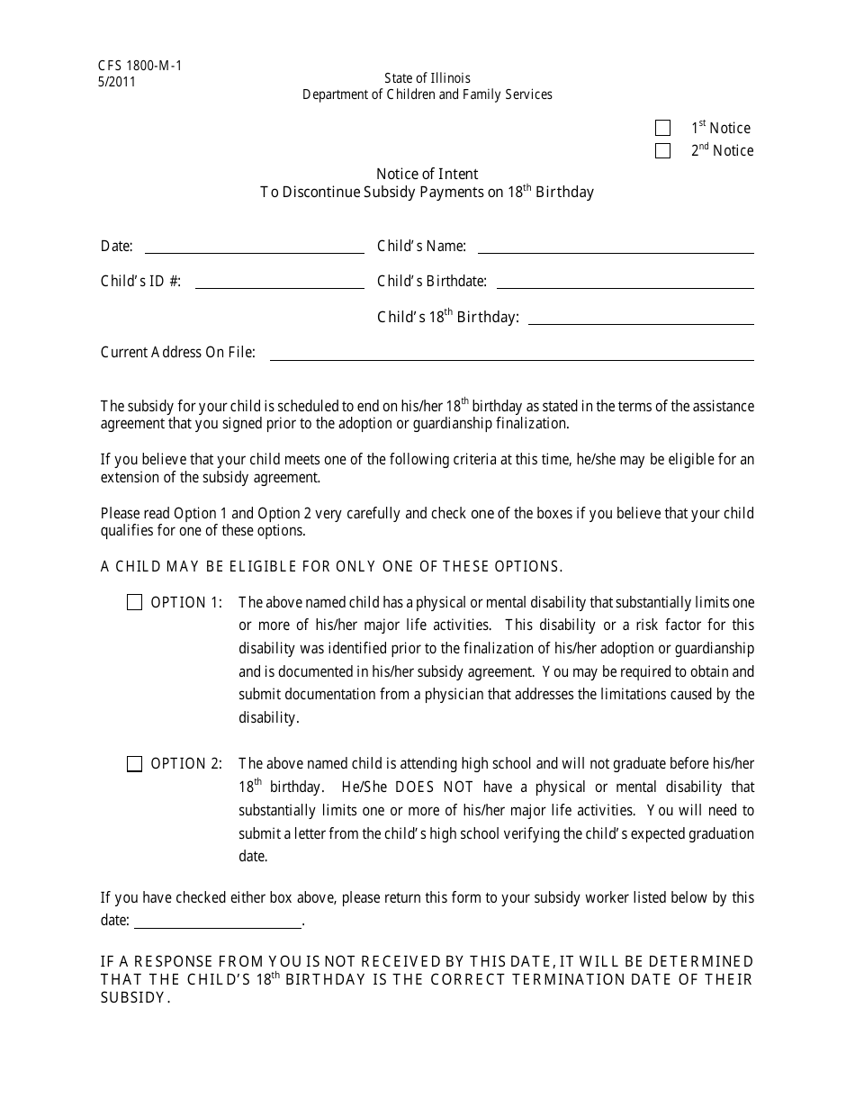Form CFS1800-M-1 Notice of Intent to Discontinue Subsidy Payments on 18th Birthday - Illinois, Page 1