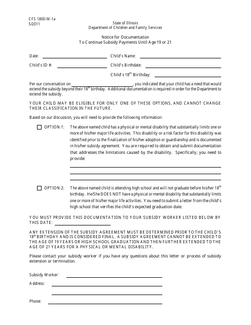 Form CFS1800-M-1A Notice for Documentation to Continue Subsidy Payments Until Age 19 or 21 - Illinois