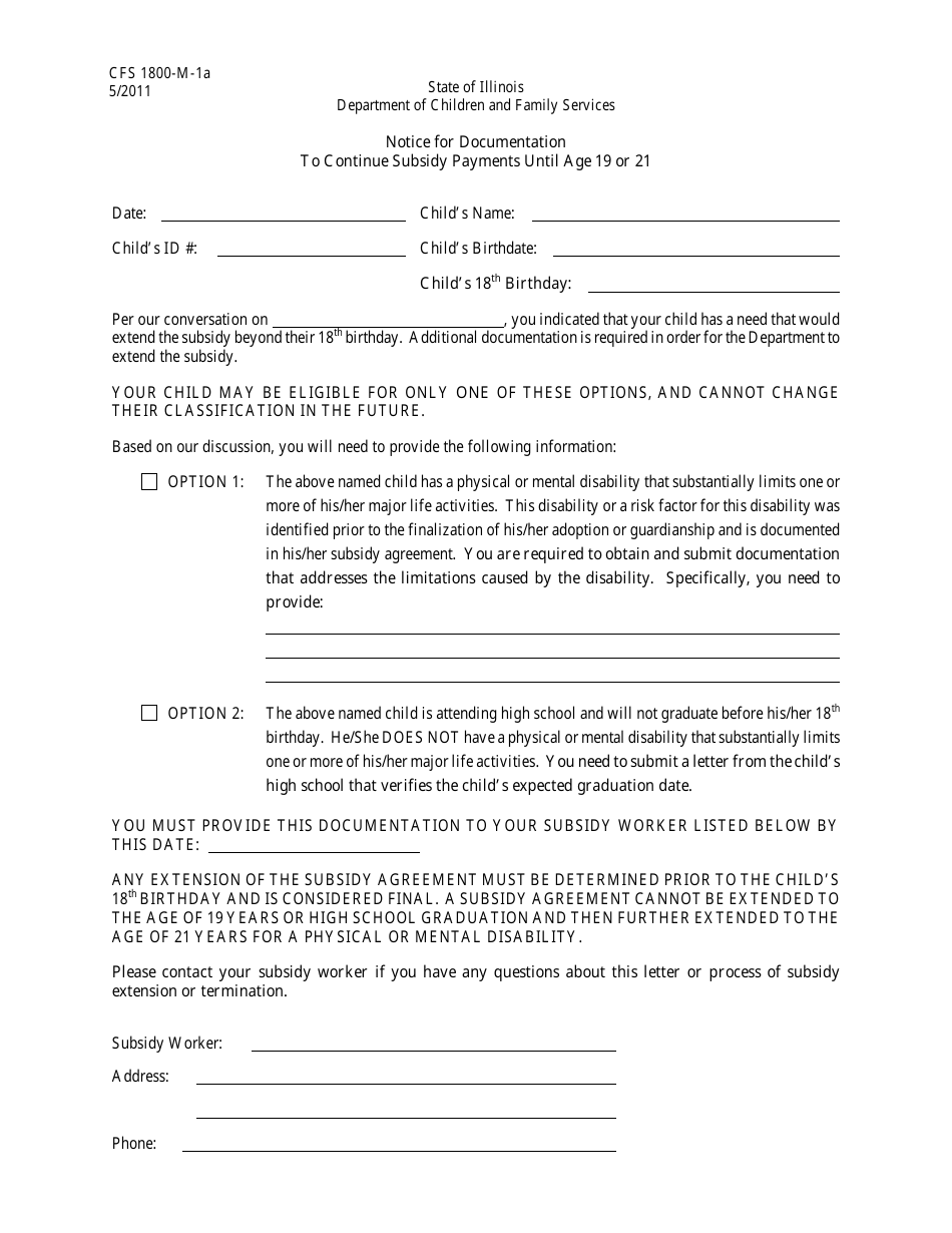 Form CFS1800-M-1A Notice for Documentation to Continue Subsidy Payments Until Age 19 or 21 - Illinois, Page 1