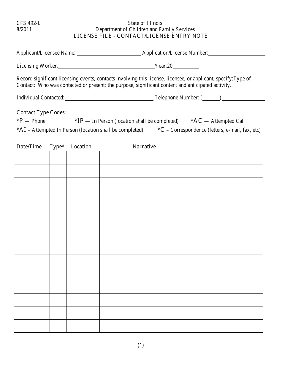 Form CFS492-L Contact / License Entry Note - Illinois, Page 1