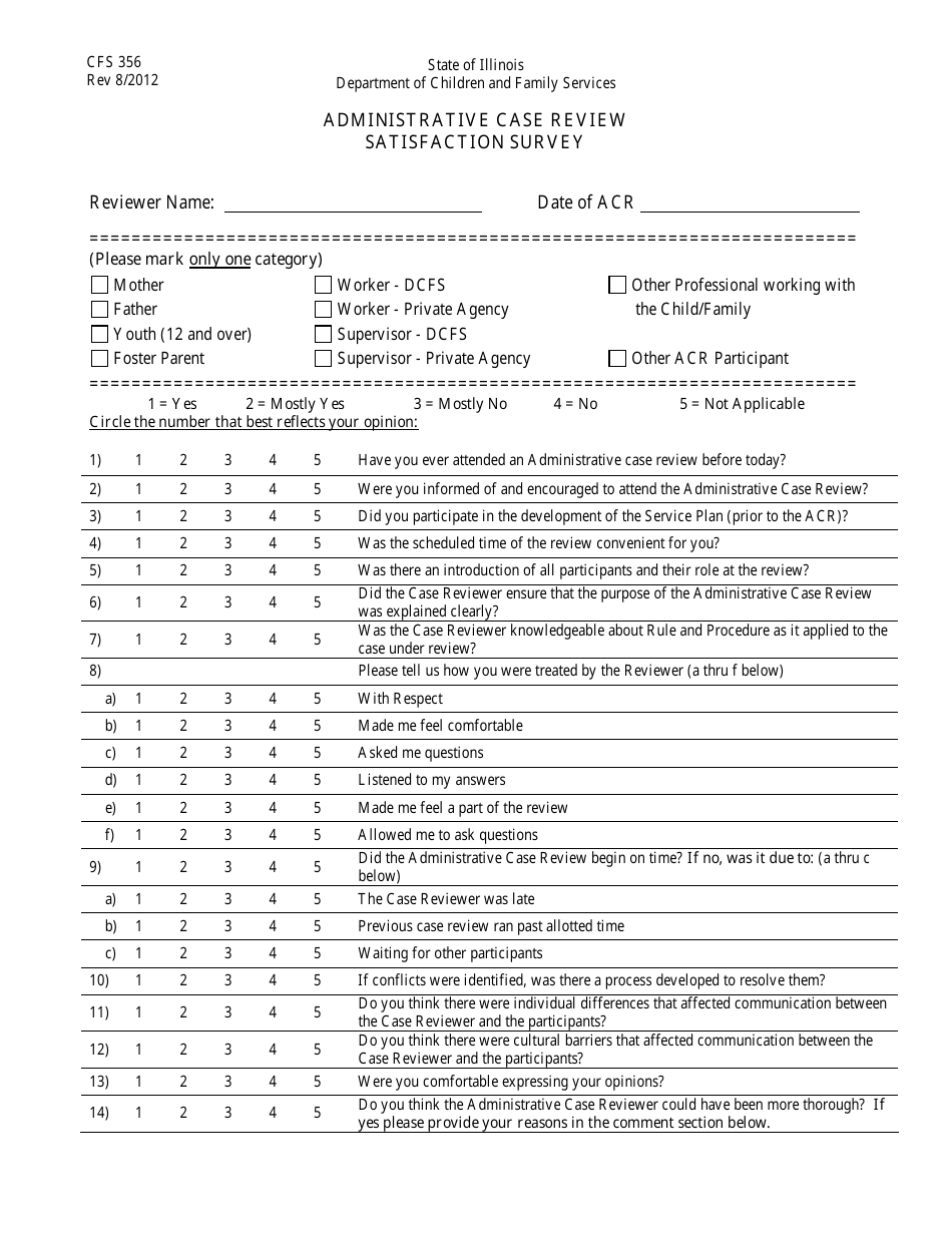 Form CFS356 Administrative Case Review Satisfaction Survey - Illinois, Page 1