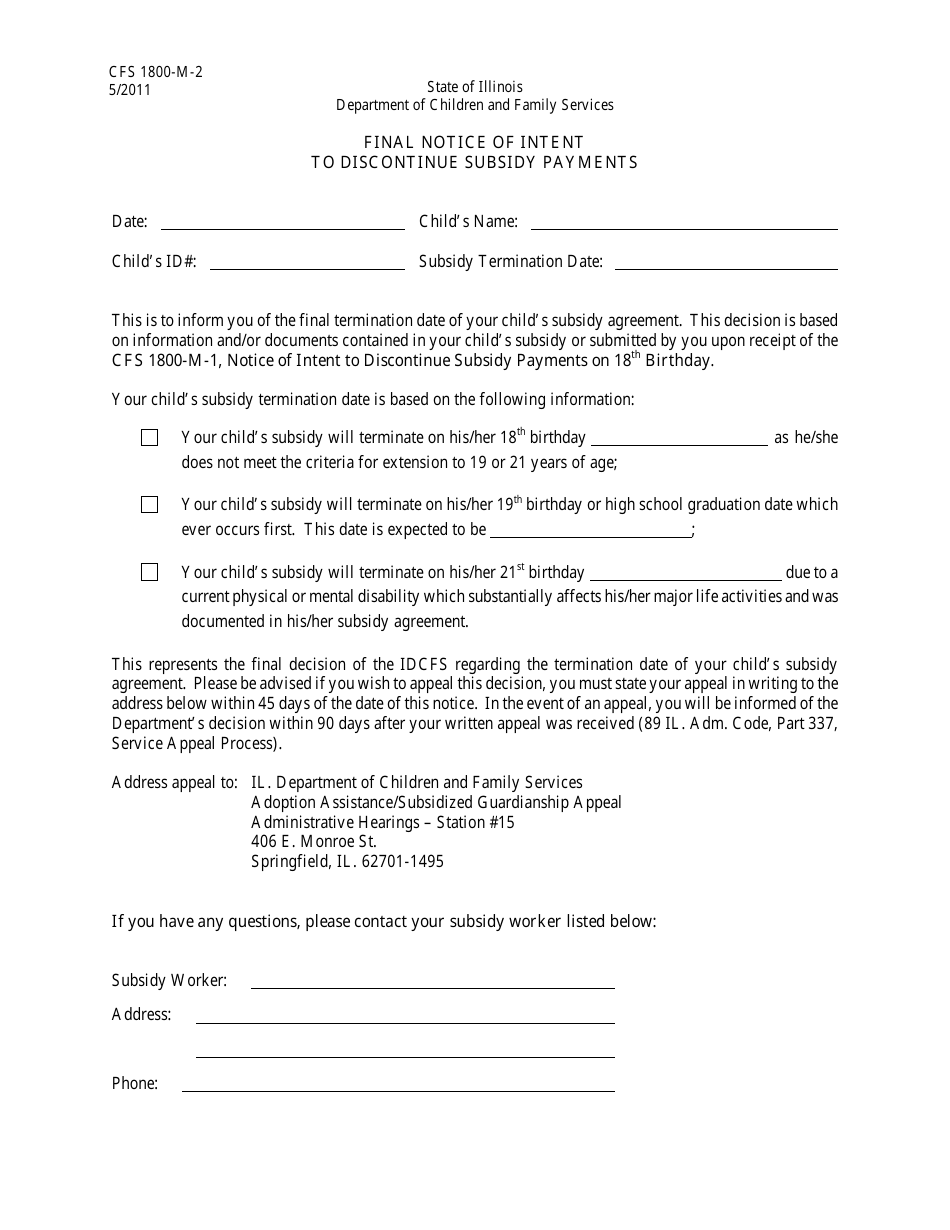 Form CFS1800-M-2 Final Notice of Intent to Discontinue Subsidy Payments - Illinois, Page 1