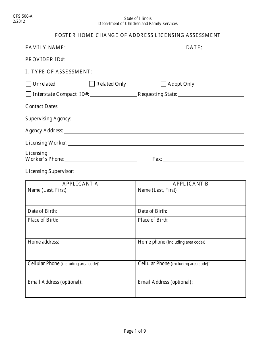 Form CFS506-A Foster Home Change of Address Licensing Assessment - Illinois, Page 1