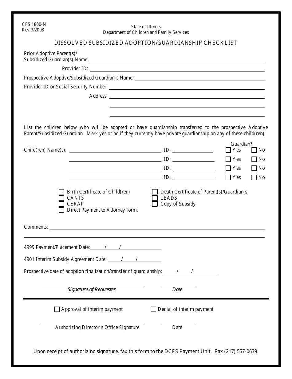 Form CFS1800-N Dissolved Subsidized Adoption / Guardianship Checklist - Illinois, Page 1