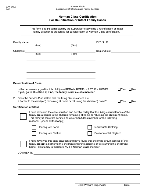 Form CFS370-1 Norman Class Certification for Reunification or Intact Family Cases - Illinois