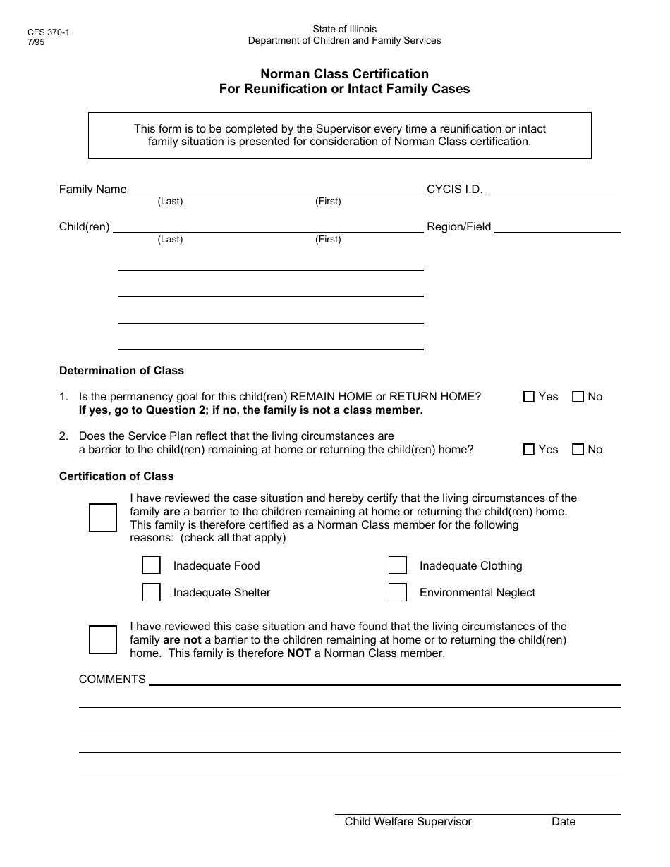 Form CFS370-1 Norman Class Certification for Reunification or Intact Family Cases - Illinois, Page 1
