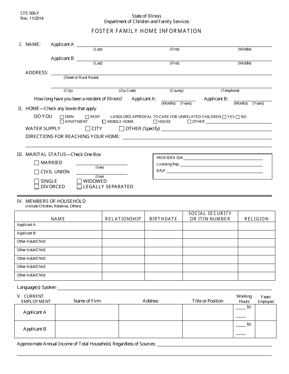 Form CFS506-F Foster Family Home Information - Illinois, Page 1