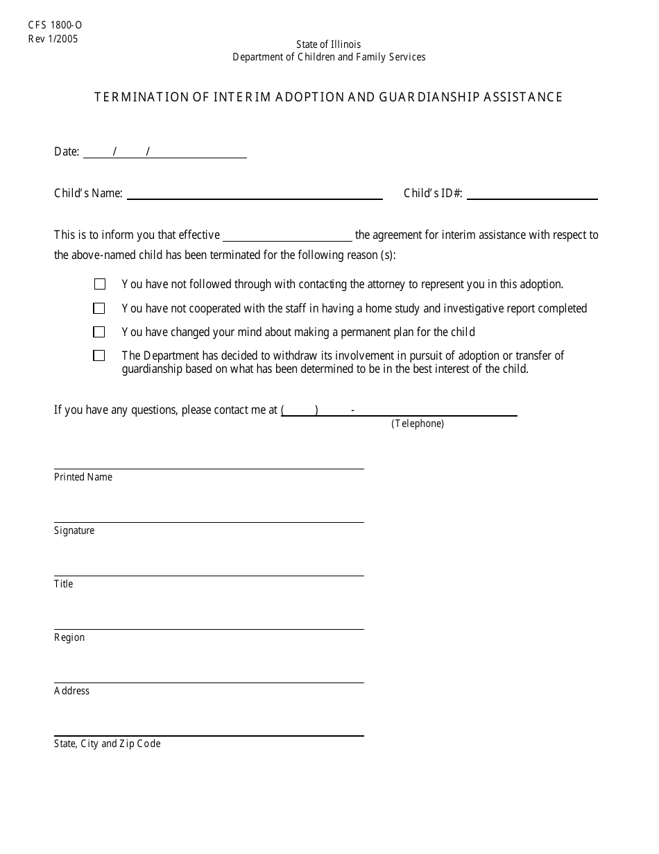 Form CFS1800-O Termination of Interim Adoption and Guardianship Assistance - Illinois, Page 1
