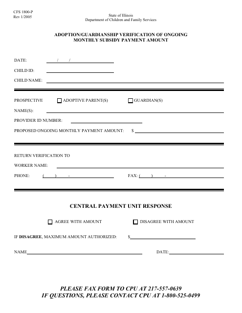 Form CFS1800-P Adoption/Guardianship Verification of Ongoing Monthly Subsidy Payment Amount - Illinois