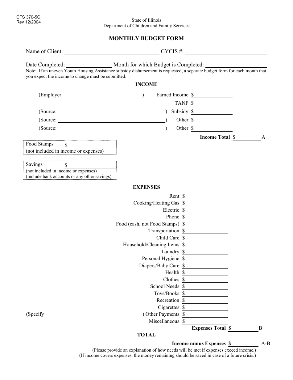 Form CFS370-5C Monthly Budget Form - Illinois, Page 1