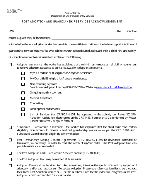 Form CFS1800-PAGS Post Adoption and Guardianship Services Acknowledgement - Illinois