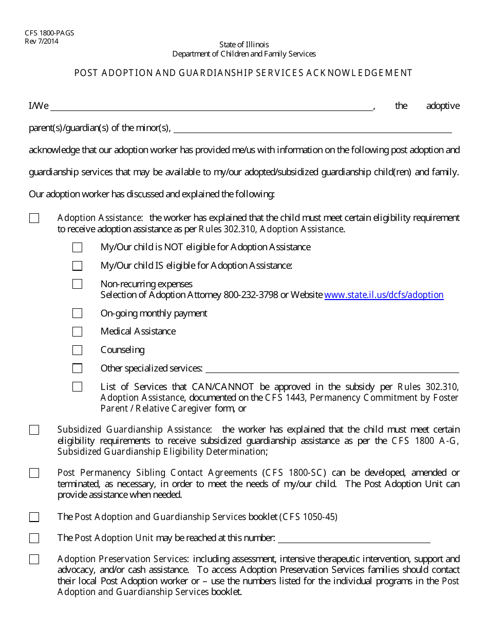 Form CFS1800-PAGS Post Adoption and Guardianship Services Acknowledgement - Illinois, Page 1