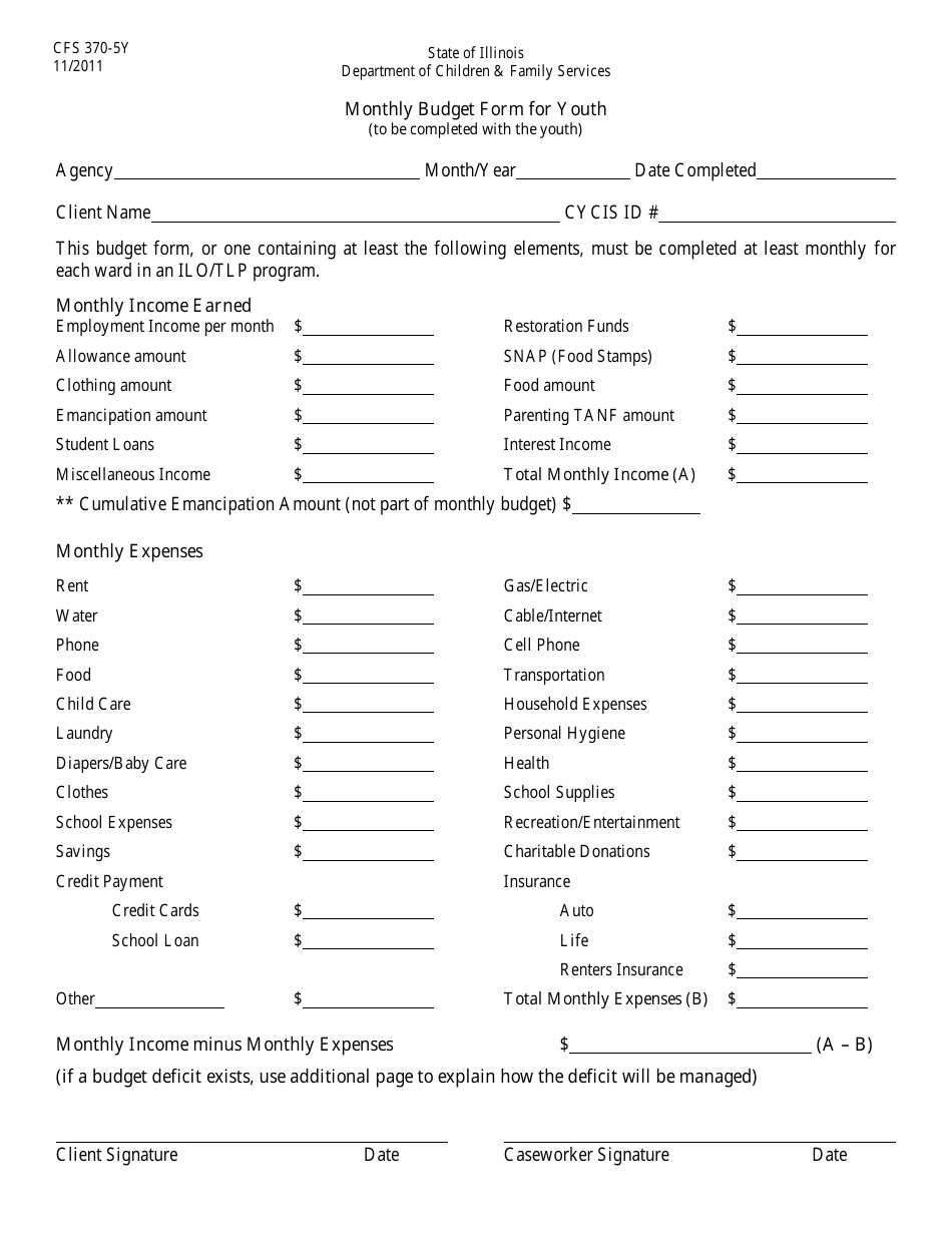 Form CFS370-5Y Monthly Budget Form for Youth - Illinois, Page 1
