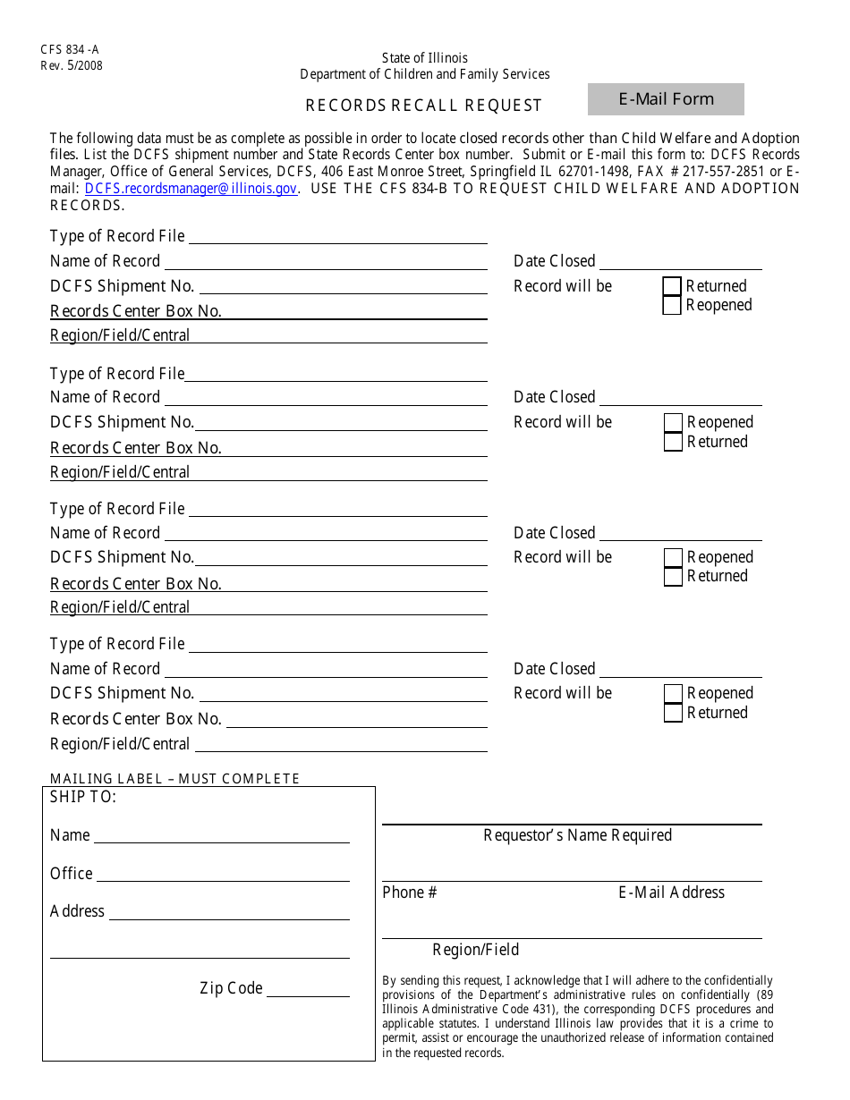 Form CFS834-A Records Recall Request - Closed Records Other Than Child Welfare and Adoption Files - Illinois, Page 1