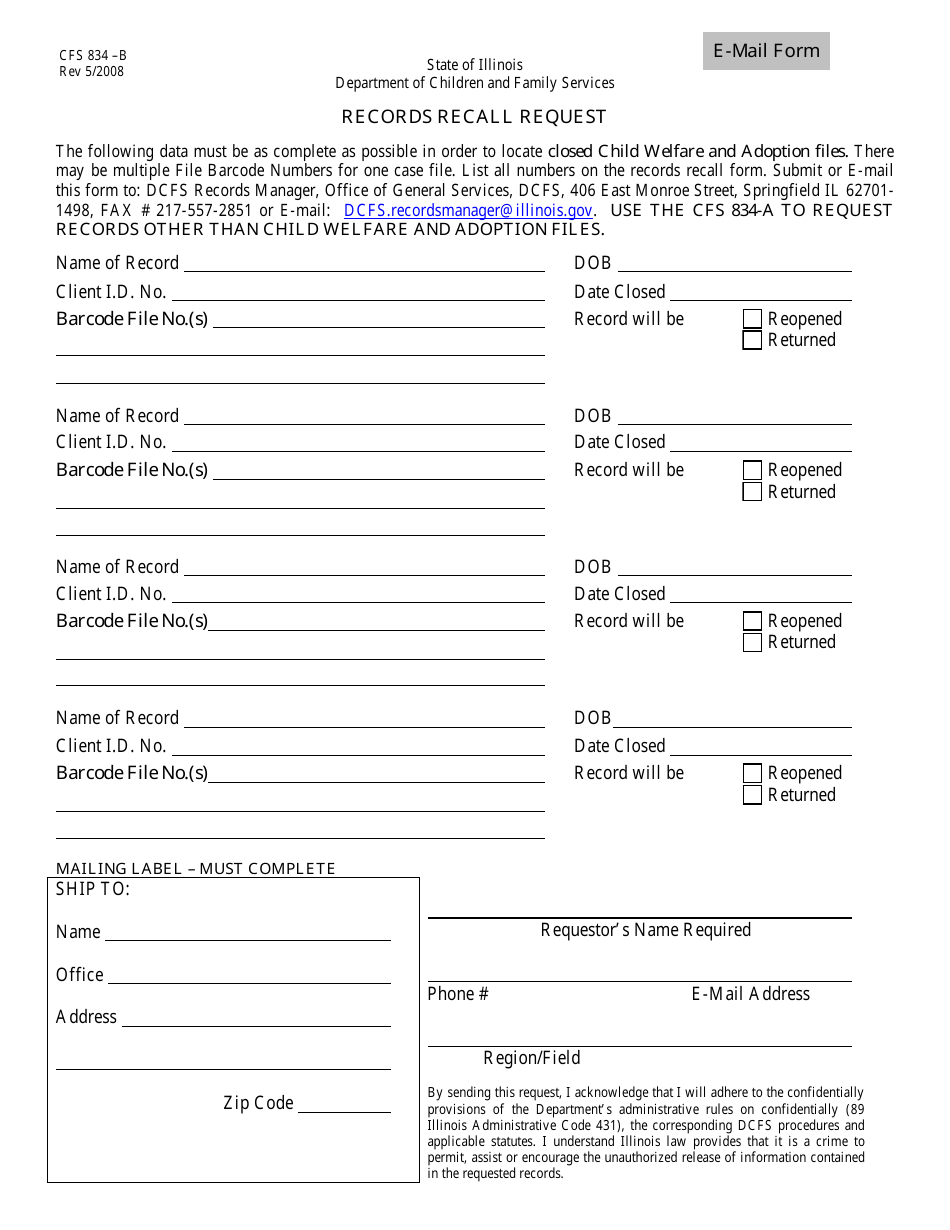 Form CFS834-B Records Recall Request - Illinois, Page 1
