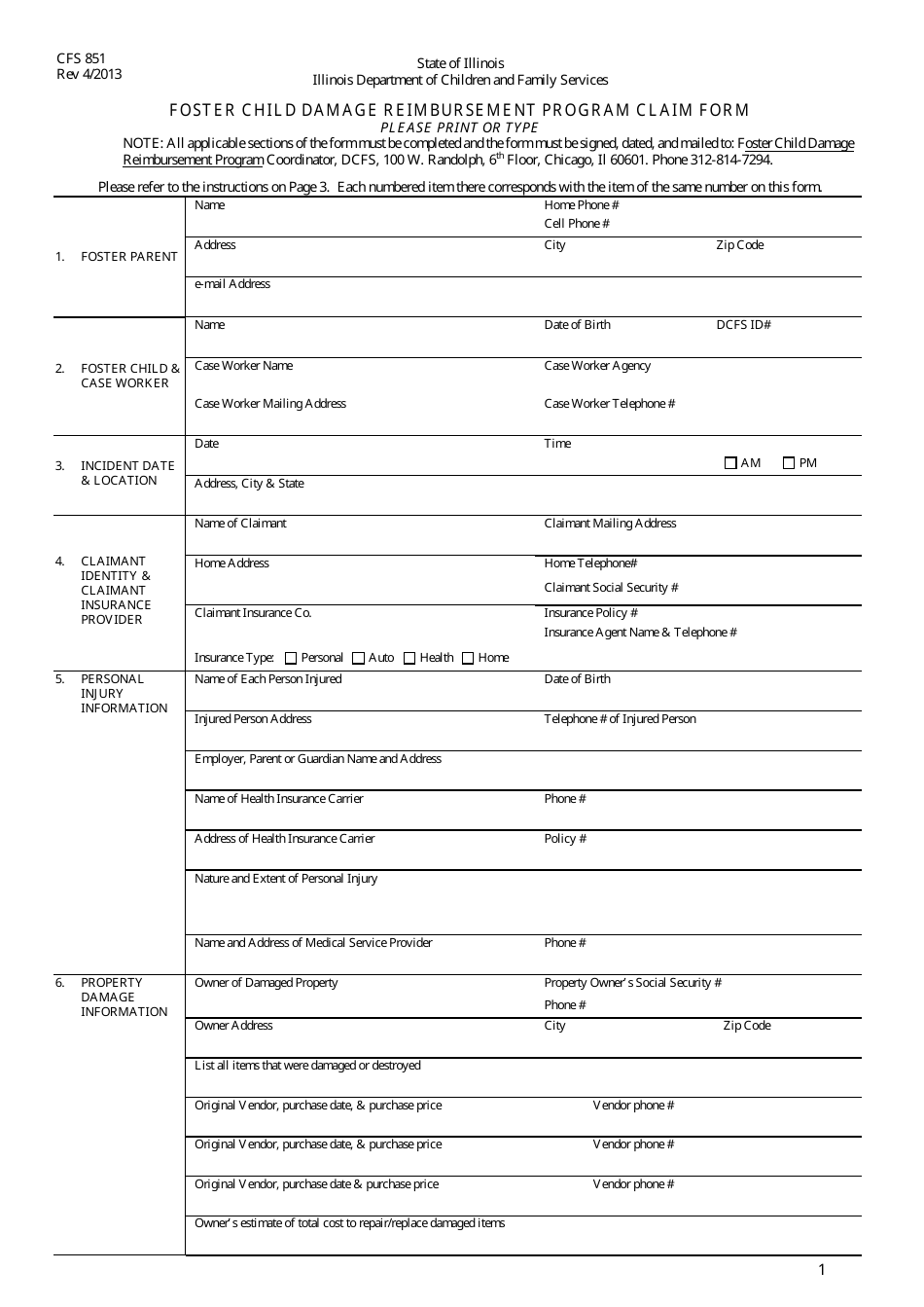 Form CFS851 Foster Child Damage Reimbursement Program Claim Form - Illinois, Page 1