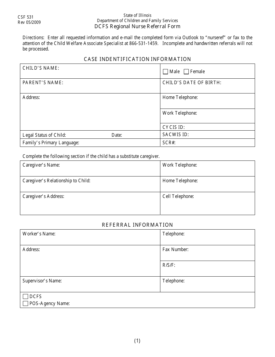 Form CFS531 Dcfs Regional Nurse Referral Form - Illinois, Page 1