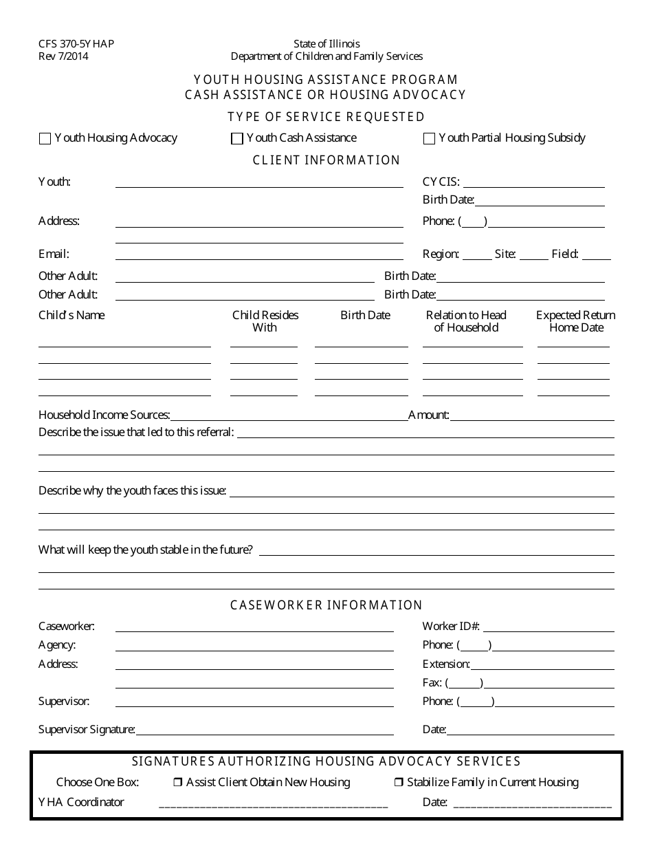 Form CFS370-5YHAP Youth Housing Assistance Program Request for Cash Assistance and / or Housing Advocacy - Illinois, Page 1