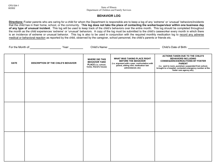 Form CFS534-1 Behavior Log - Illinois