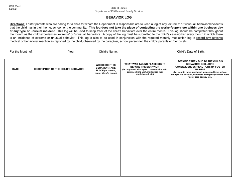 Form CFS534-1 Behavior Log - Illinois, Page 1