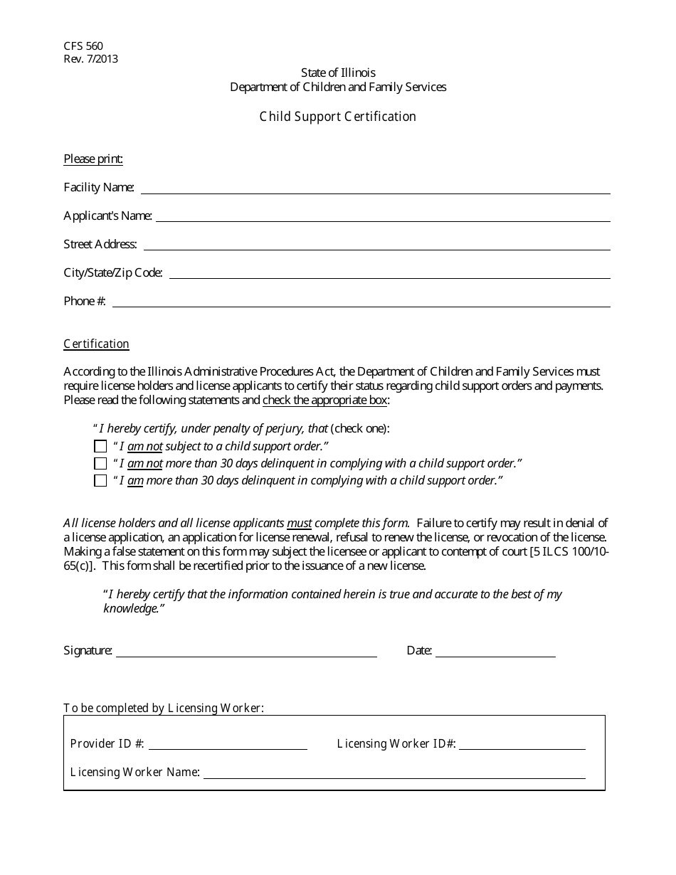 Form CFS560 Child Support Certification - Illinois, Page 1
