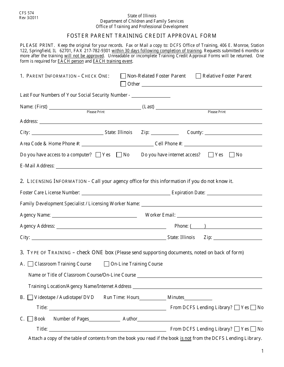Form CFS574 Foster Parent Training Credit Approval Form - Illinois, Page 1