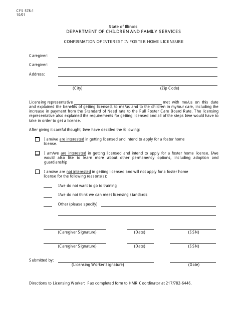 Form CFS578-1 Confirmation of Interest in Foster Home Licensure - Illinois