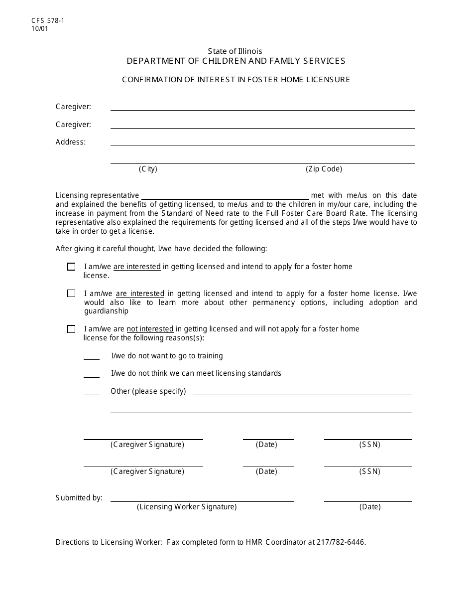 Form CFS578-1 Confirmation of Interest in Foster Home Licensure - Illinois, Page 1