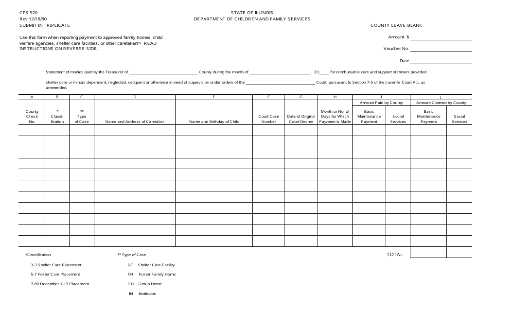 Form CFS920 Statement of Money Paid by County - Illinois