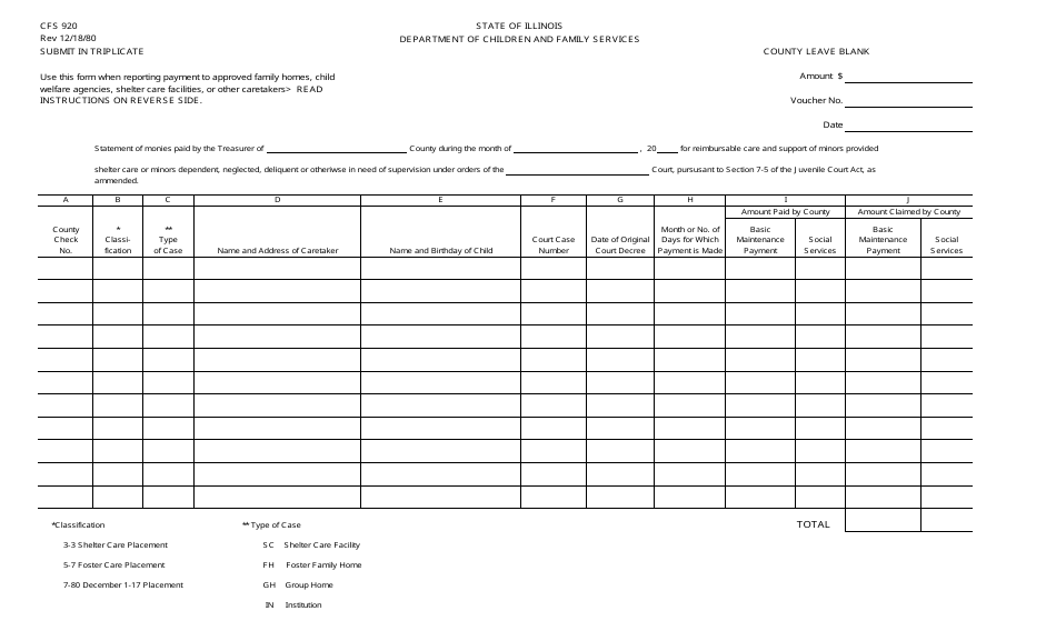 Form CFS920 - Fill Out, Sign Online and Download Fillable PDF, Illinois ...