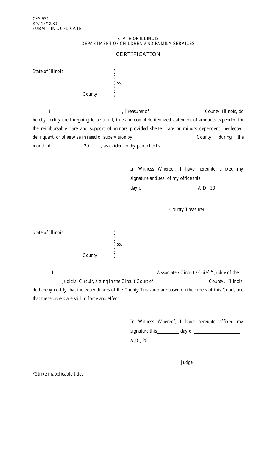 Form CFS921 Statement of Certification - Illinois, Page 1
