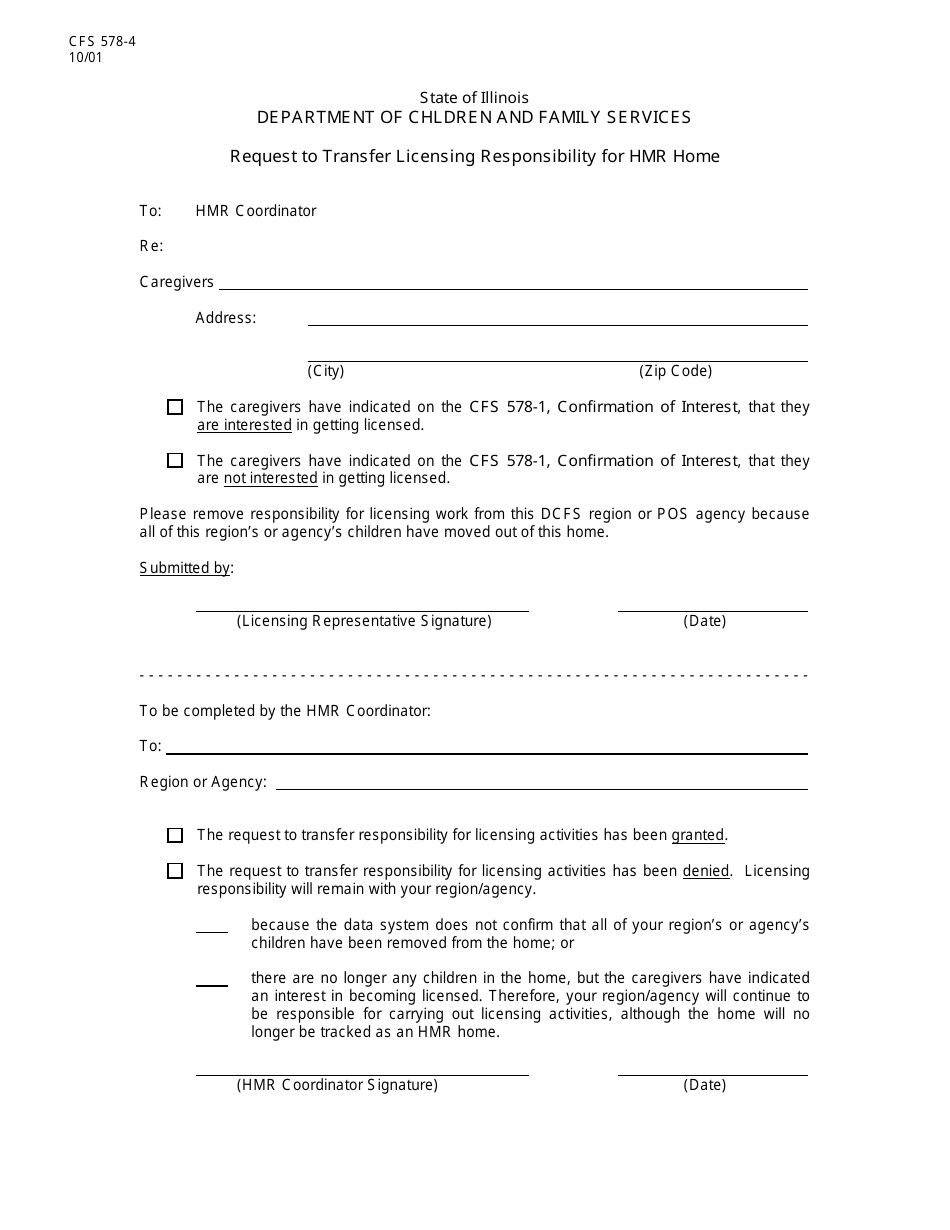 Form CFS578-4 Request to Transfer Licensing Responsibility for Hmr Home - Illinois, Page 1