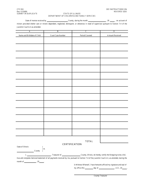 Form CFS922 Statement of Money Received County - Illinois