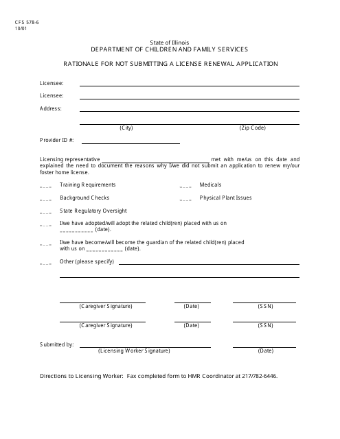Form CFS578-6 Rationale for Not Submitting a License Renewal Application - Illinois