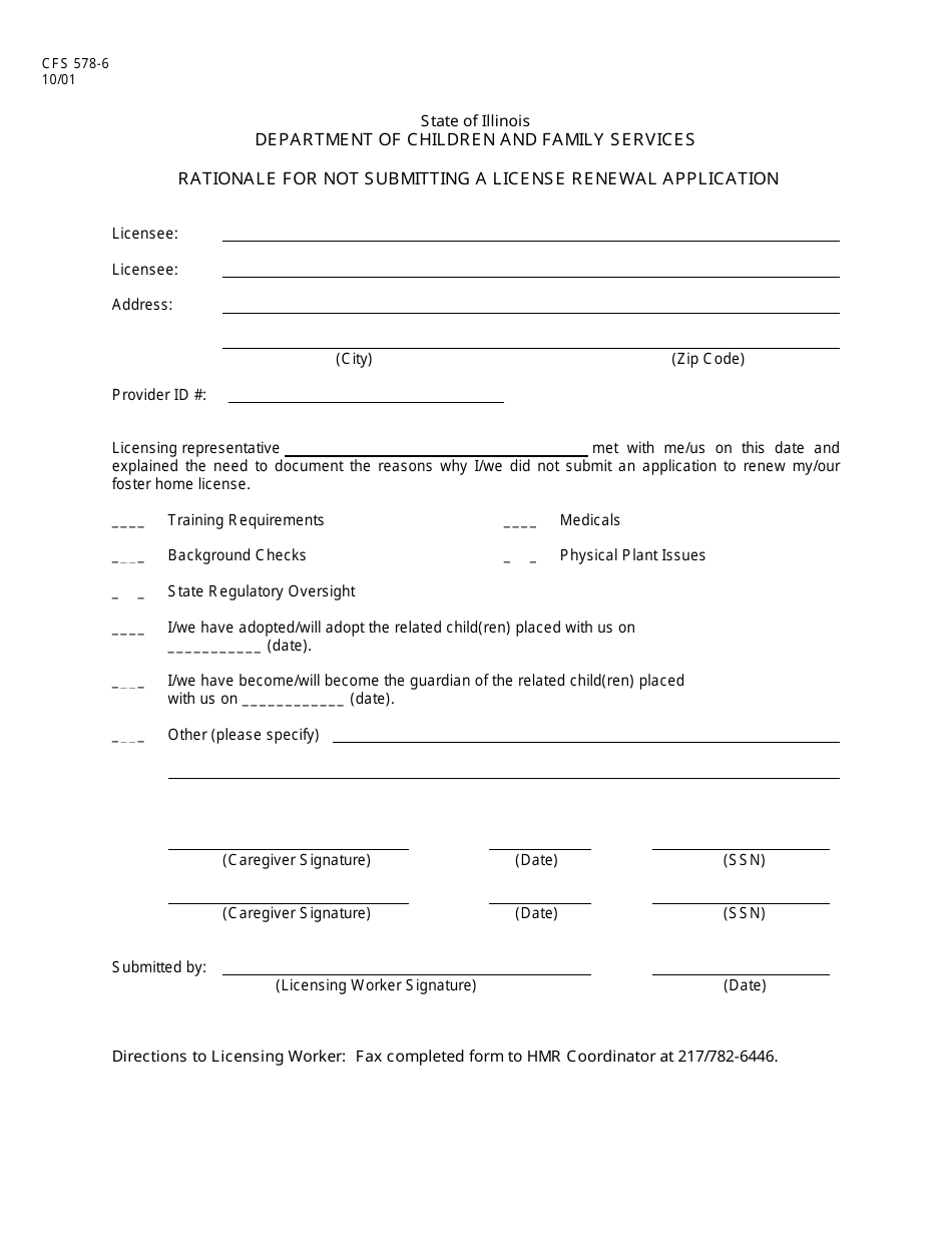 Form CFS578-6 Rationale for Not Submitting a License Renewal Application - Illinois, Page 1
