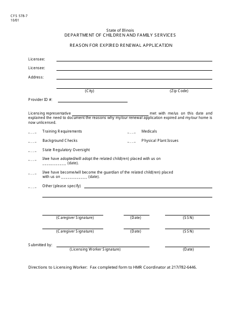 Form CFS578-7 Reason for Expired Renewal Application - Illinois