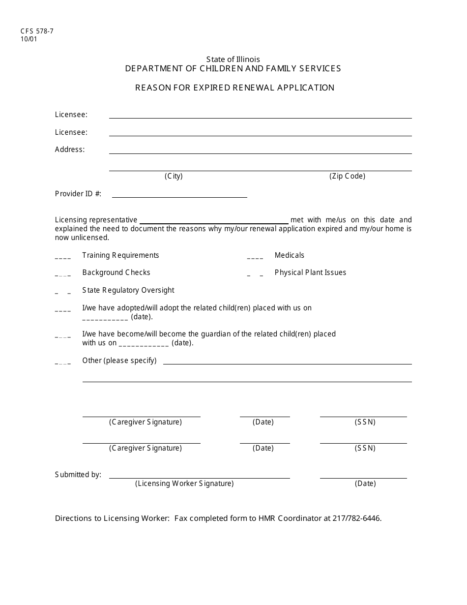 Form CFS578-7 Reason for Expired Renewal Application - Illinois, Page 1