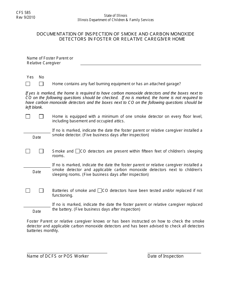 Form CFS585 Documentation of Inspection of Smoke and Carbon Monoxide Detectors in Foster or Relative Caregiver Home - Illinois, Page 1