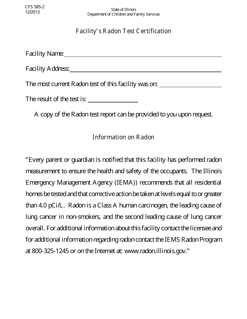 Form CFS585-2 Facility's Radon Test Certification - Illinois, Page 1