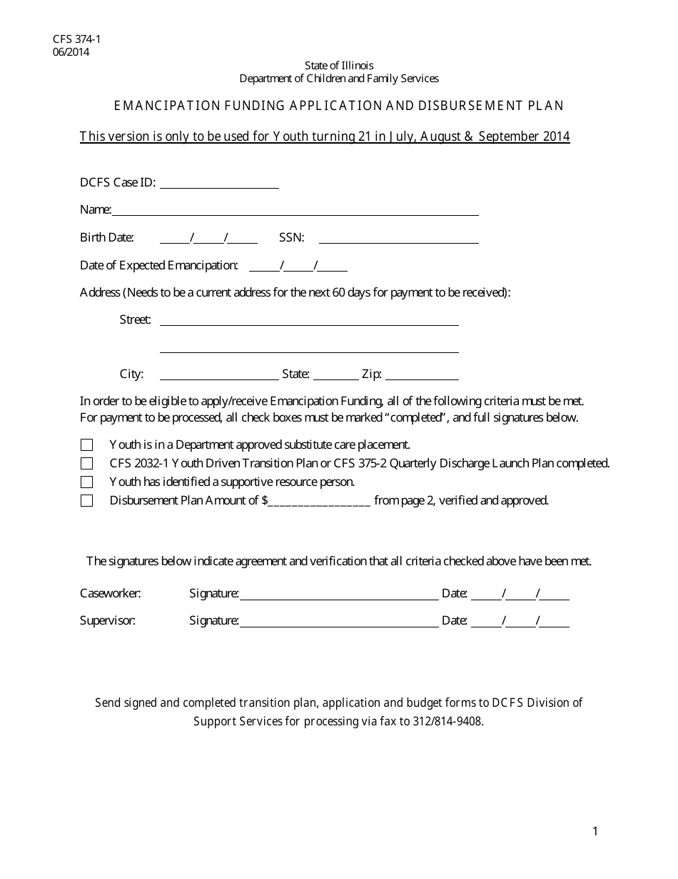 Form CFS374-1 Emancipation Funding Application and Disbursement Plan - Illinois, Page 1