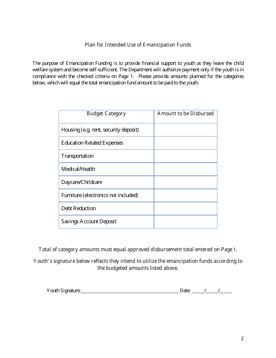 Form CFS374-1 Emancipation Funding Application and Disbursement Plan - Illinois, Page 2