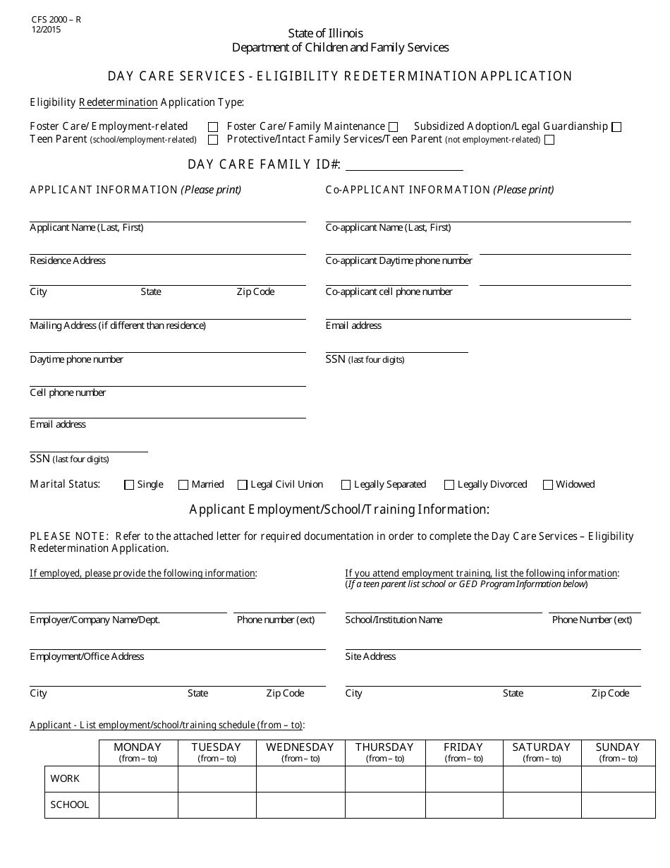 Form CFS2000-R Day Care Services - Eligibility Redetermination Application - Illinois, Page 1