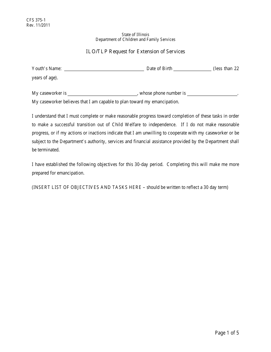 Form CFS375-1 Ilo / Tlp Request for Extension of Services - Illinois, Page 1