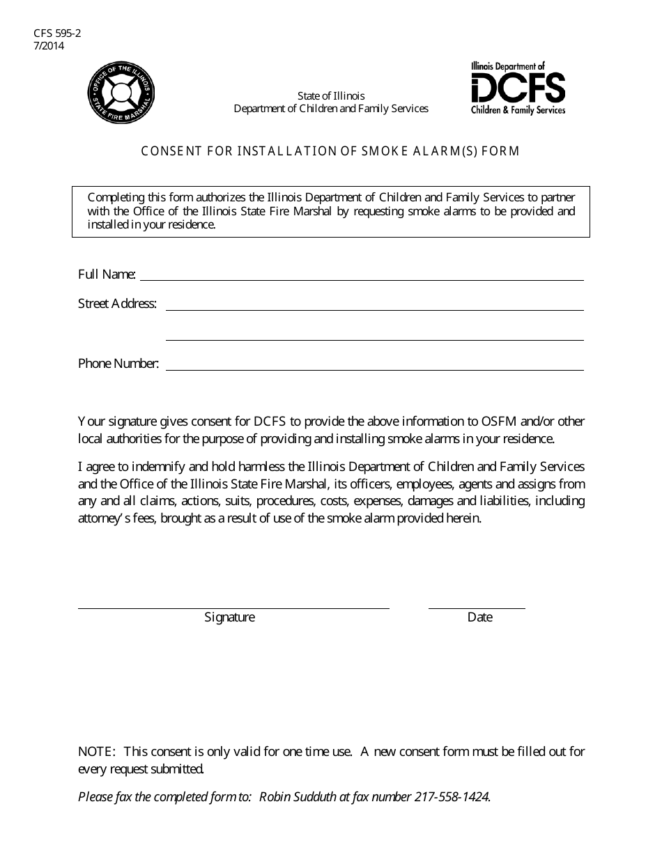 Form CFS595-2 Consent for Installation of Smoke Alarm(S) Form - Illinois, Page 1