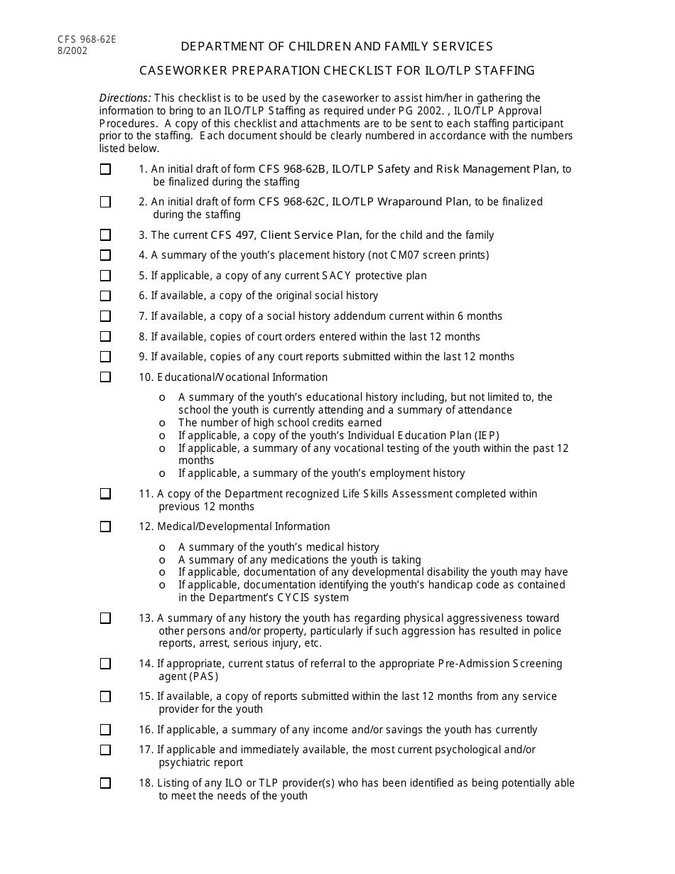 Form CFS968-62E Caseworker Preparation Checklist for Ilo / Tlp Staffing - Illinois, Page 1