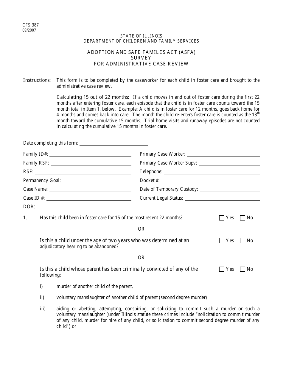 Form CFS387 Adoption and Safe Familes Act (Asfa) Survey for Administrative Case Review - Illinois, Page 1
