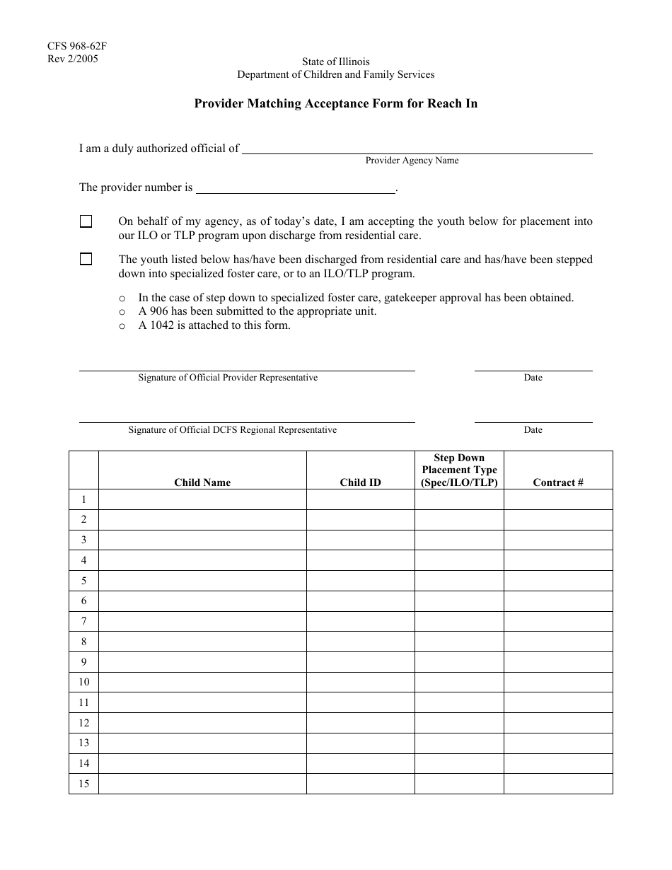 Form CFS968-62F Ilo/Tlp Provider Matching Acceptance Form - Illinois, Page 1