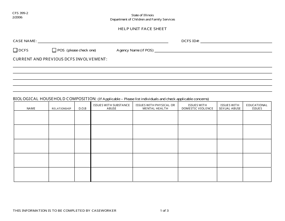 Form CFS399-2 Help Unit Face Sheet - Illinois, Page 1